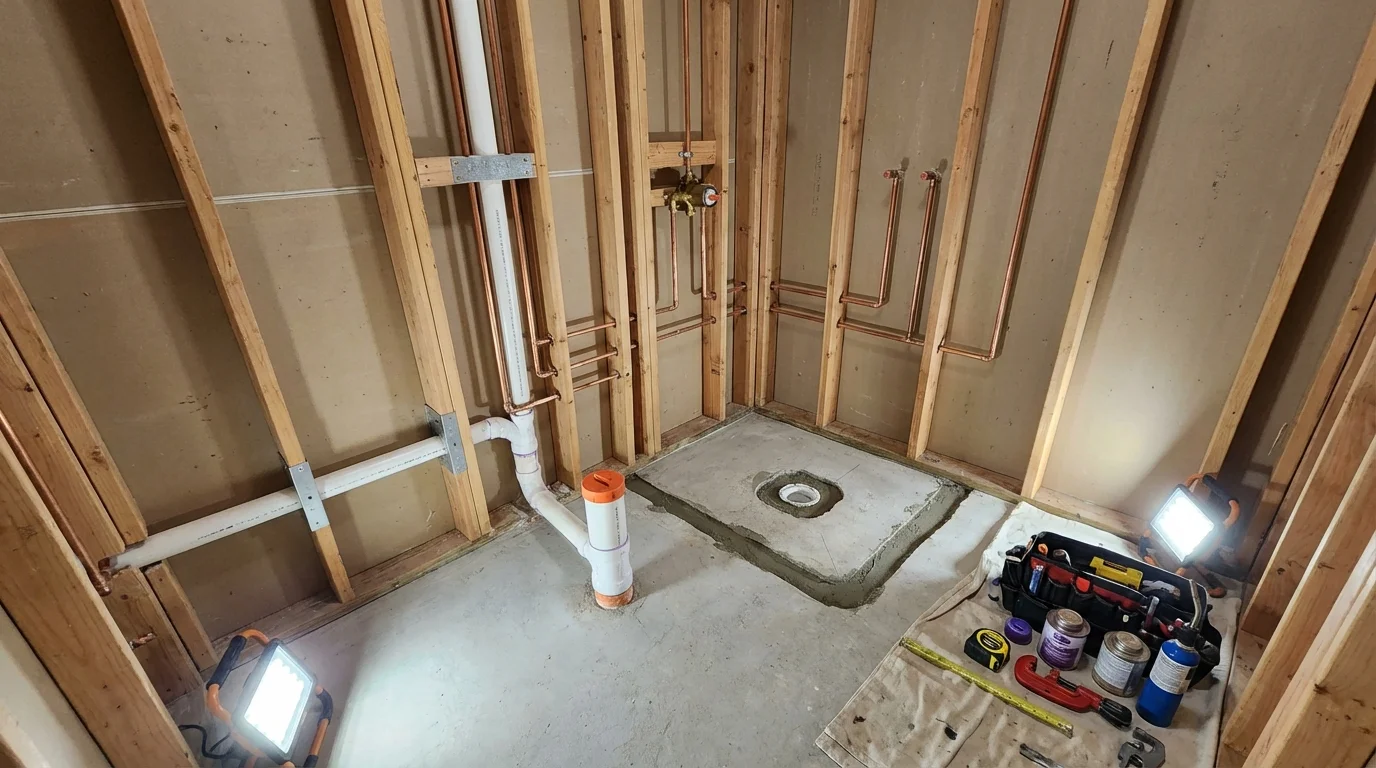 Bathroom rough-in plumbing during remodel by Johns Plumbing LLC in Brillion