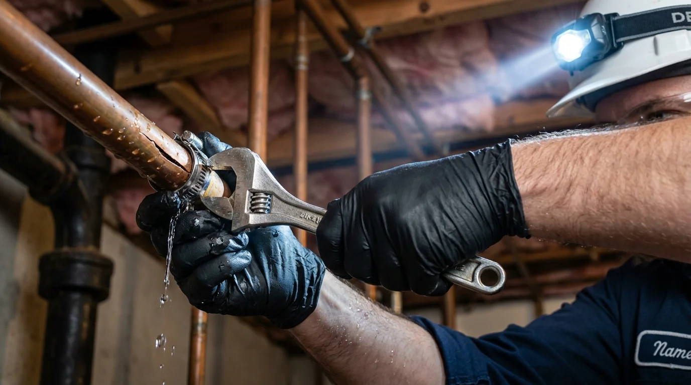 Emergency pipe clamp repair being performed by a Johns Plumbing LLC plumber in Brillion