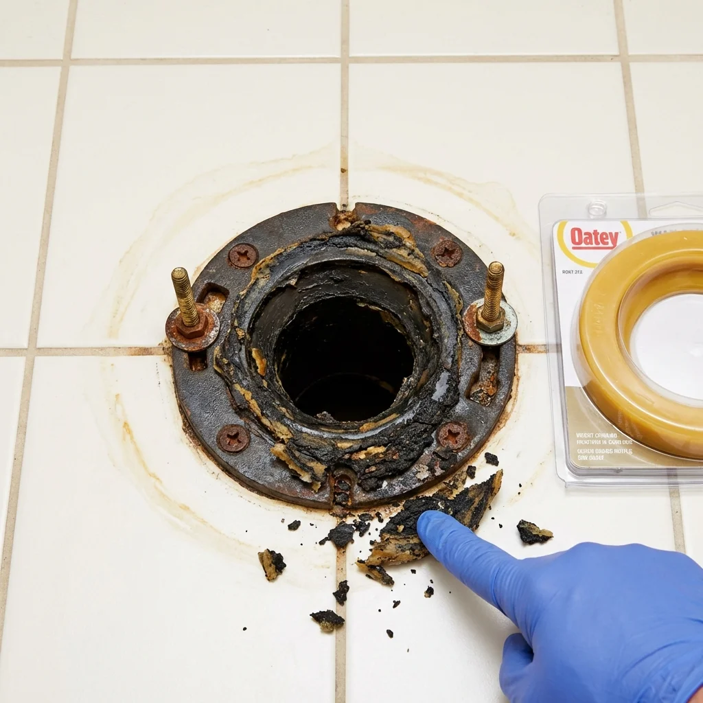 Failed wax ring showing water seepage at the base of a toilet in a Brillion, WI home