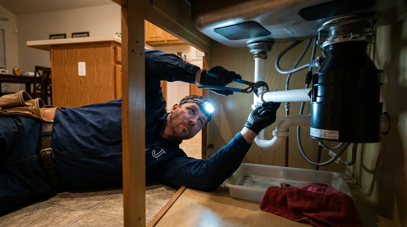 P-trap and supply line connections under a kitchen sink showing a common leak point in Brillion, WI